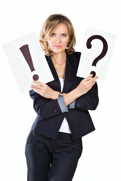 Portrait femme d'affaires avec question et point d'exclamation — Photo