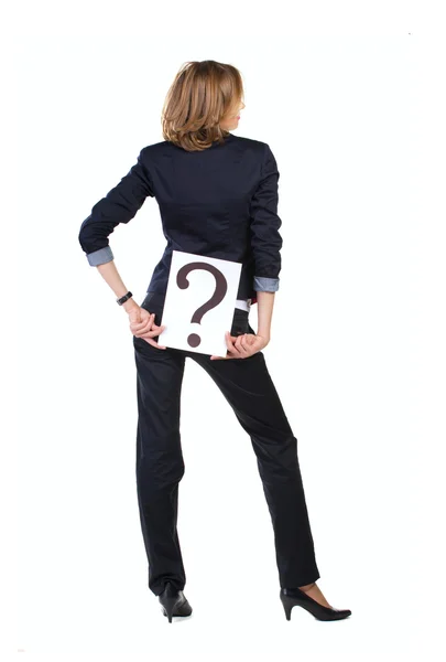 Portrait of a businesswoman in lounge suit with question mark b — Stock Photo, Image