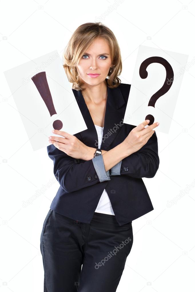 portrait businesswoman with question and exclamation mark