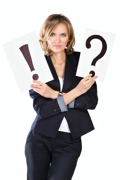 Portrait businesswoman with question and exclamation mark — Stock Photo, Image