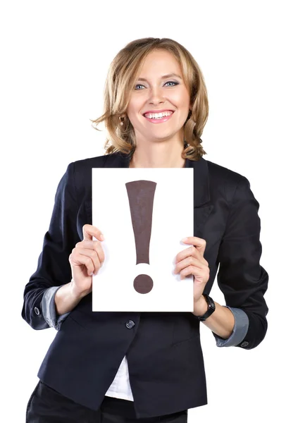 Business woman with white card — Stock Photo, Image