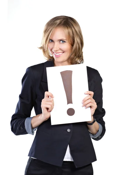 Business woman with white card — Stock Photo, Image