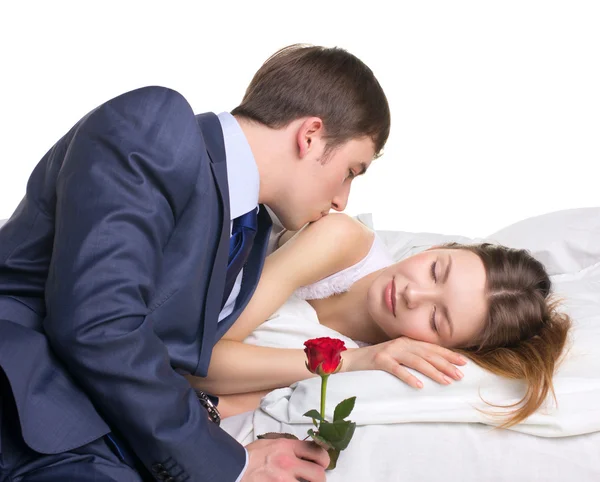 Man, woman and red rose — Stock Photo, Image