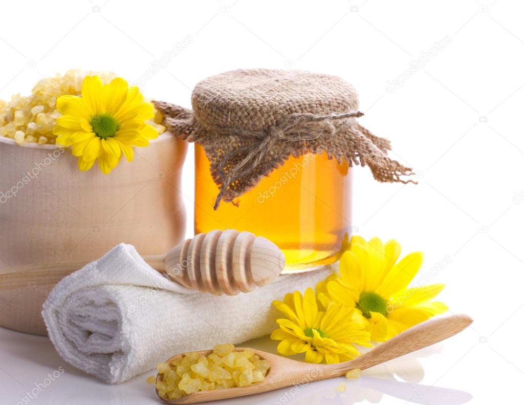 spa accessories, flowers and honey