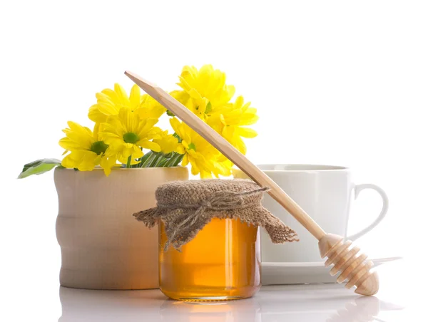 Fortfarande av honung, blommor och tekopp — Stockfoto