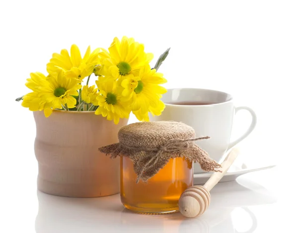 Still with tea, flowers and honey — Stock Photo, Image