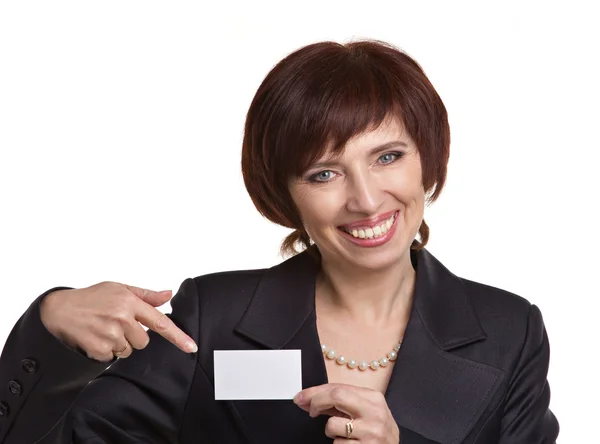 Mulher mostrando cartão — Fotografia de Stock