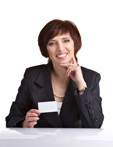 Bushinesswoman showing white card — Stock Photo, Image