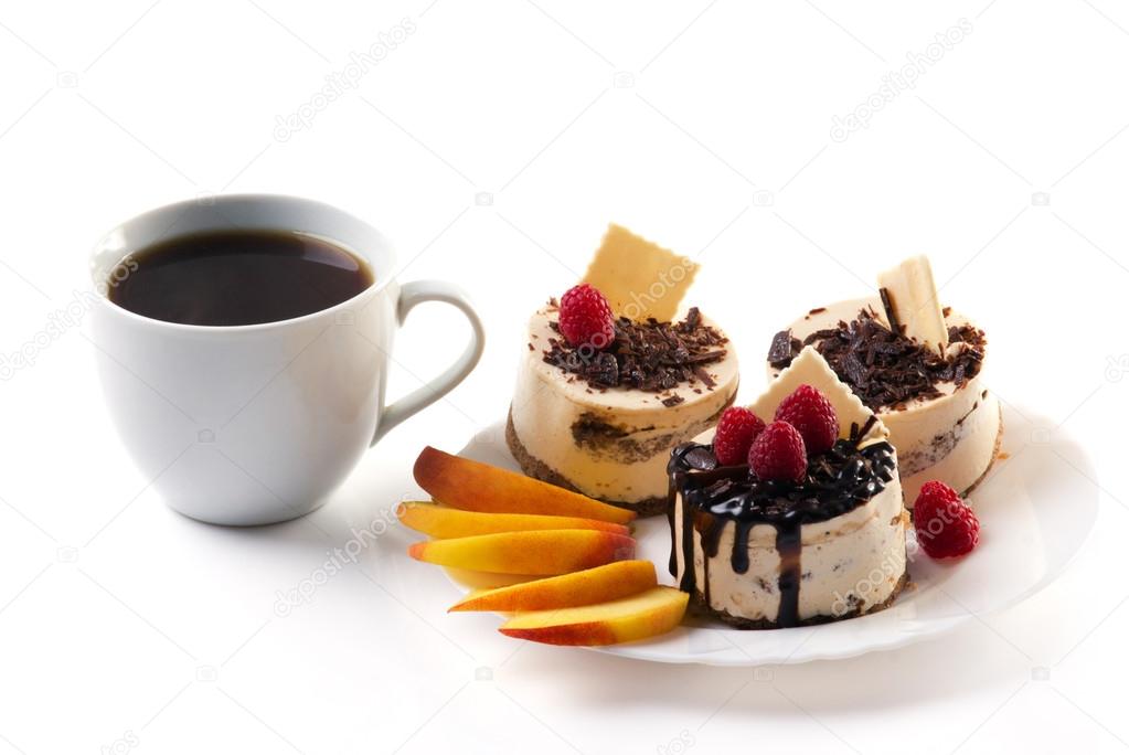 coffee, cakes and fruits