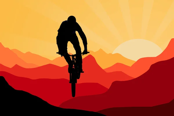 Biker in mountains on sunrise — Stock Photo, Image