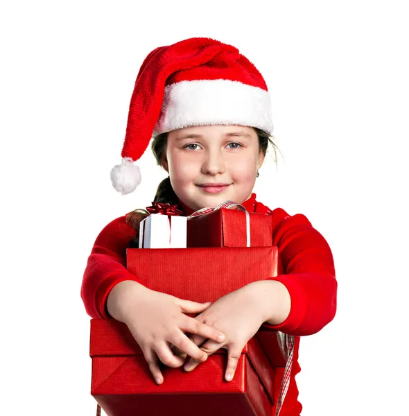 Funny girl with present boxes — Stock Photo, Image