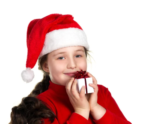 Chica en sombrero rojo con regalo — Foto de Stock