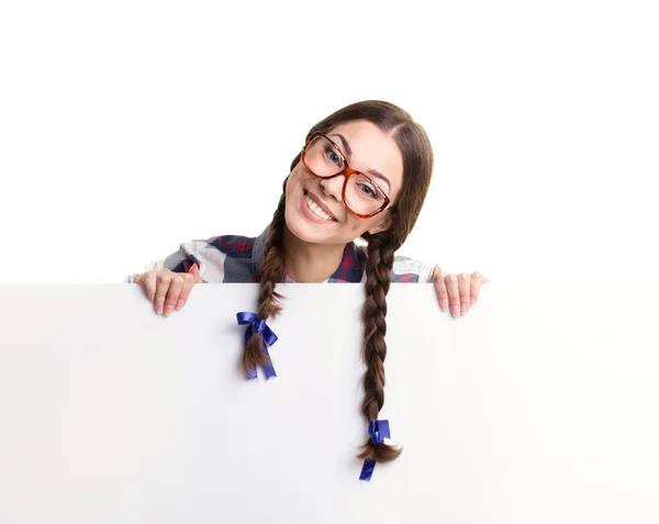 Girl and big banner — Stock Photo, Image