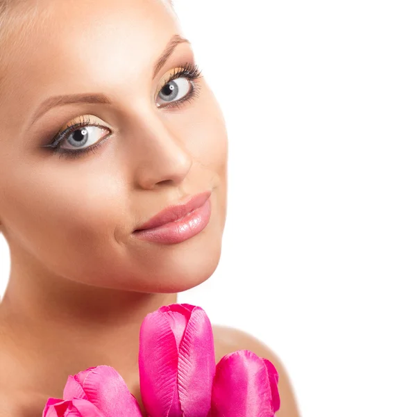 Young  woman with  bunch of  tulip — Stock Photo, Image