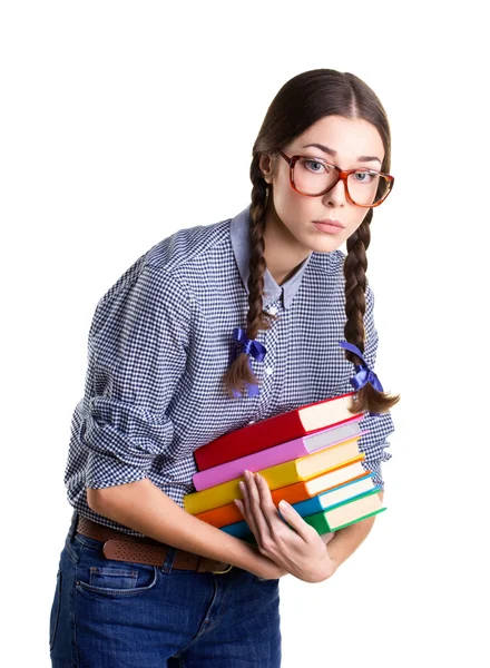 Meisje met veel boeken — Stockfoto