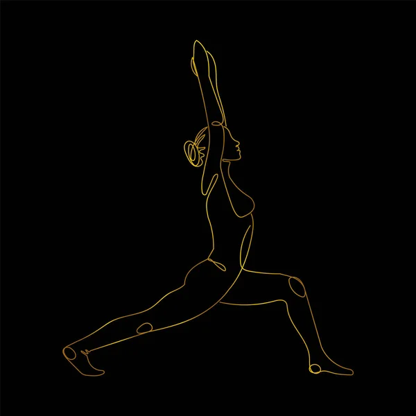 Elegante Linea Vettoriale Illustrazione Della Donna Posa Guerriero Yoga Asana — Vettoriale Stock