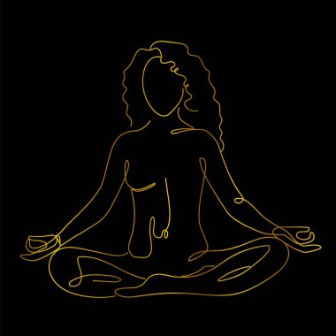 Oturan meditasyon yapan bir kadının zarif altın çizgili sanat vektör çizimi