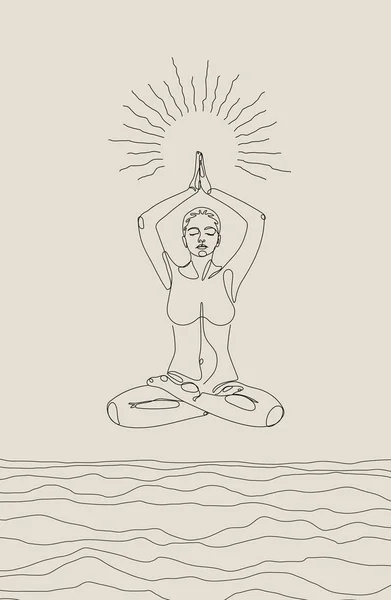 Духовна Ілюстрація Роздумуючої Жінки Над Морем Сонцем Сяє Руках — стоковий вектор