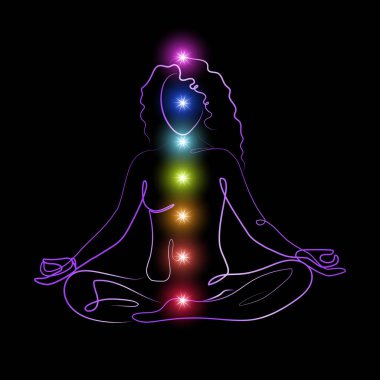 Meditasyon yapan kadın çizgisi sanatı üzerine parıldayan çakralar