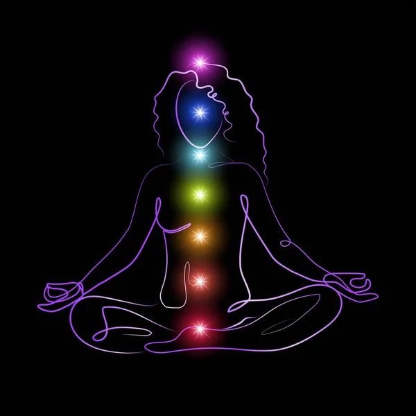 Glowing Chakras Meditating Woman Line Art — Stock Vector