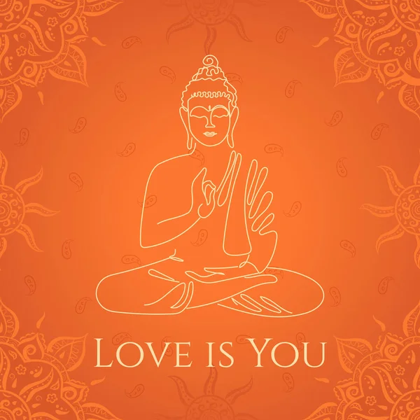 Line Art Meditating Buddha Orange Background — Stock Vector