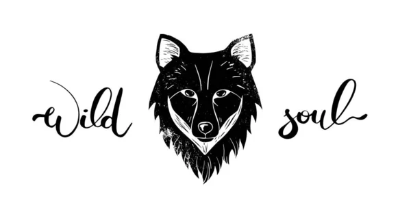 Linocut Stijl Wolf Portret Met Wilde Ziel Belettering — Stockvector