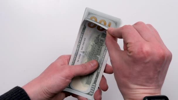 Male Hands Counting Cash Bills 100 Dollars White Background Top — Video Stock