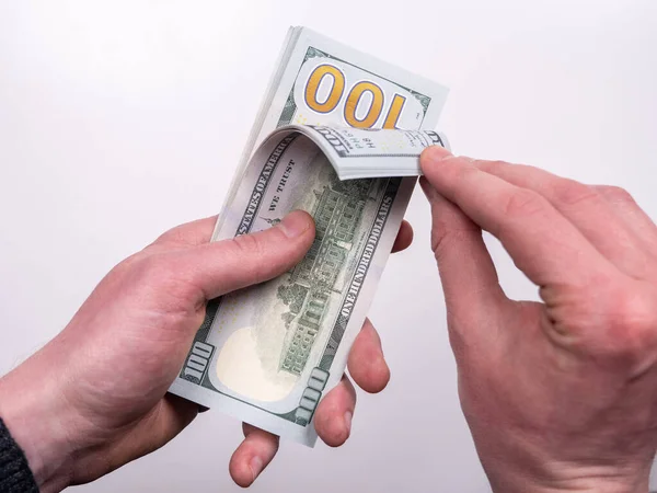 Male Hands Counting Cash Bills 100 Dollars White Background Top — стоковое фото