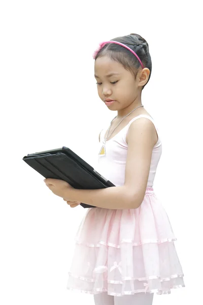 Ballet menina usar tablet — Fotografia de Stock