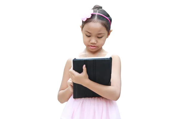 Ballet girl use tablet — Stock Photo, Image