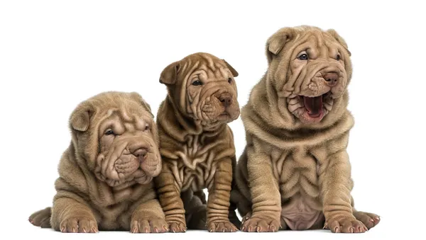 Front view of Shar Pei puppies sitting in a row, isolated on whi — Stock Photo, Image