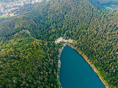 Orman, Voges, La Bresse ve Lake Crows ile çevrili Lac des Corbeaux 'nun hava manzarası.