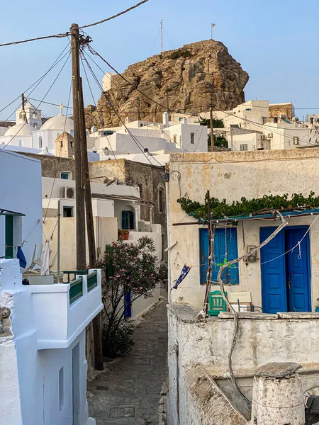 Pedestrian Street Greek Chora Village Built Large Rock Amorgos Island — Zdjęcie stockowe