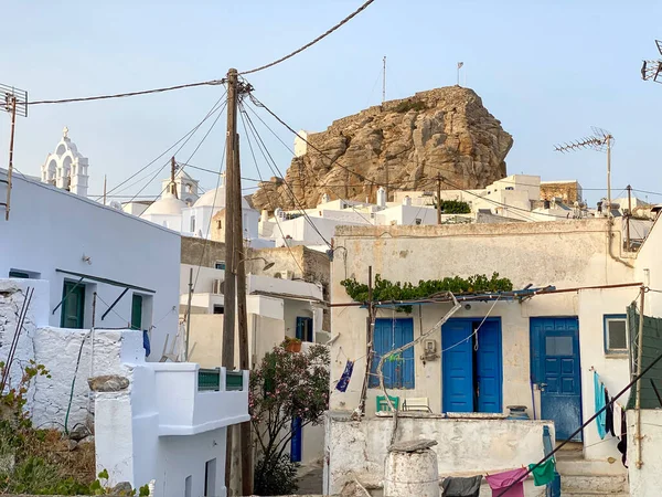 Pedestrian Street Greek Chora Village Built Large Rock Amorgos Island — Zdjęcie stockowe