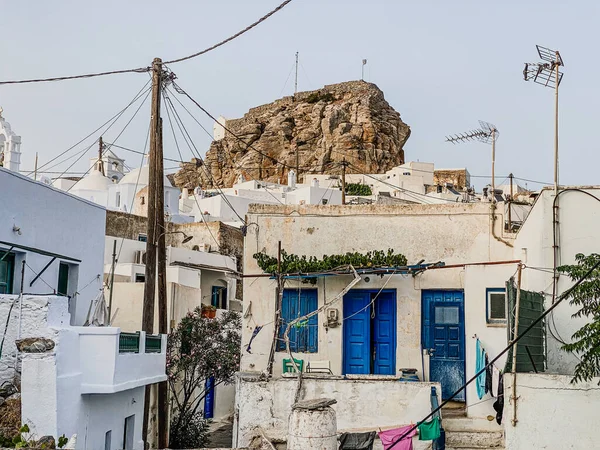 Pedestrian Street Greek Chora Village Built Large Rock Amorgos Island — Stock Photo, Image