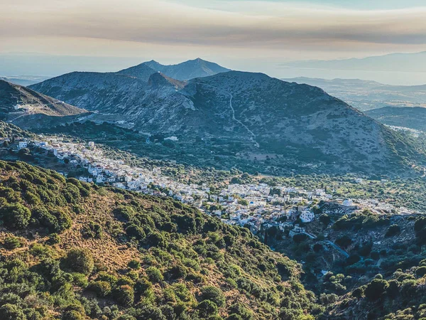 Athene Vuur Rook Skyline Lucht Van Filoti Griekse Eiland Dorp — Stockfoto