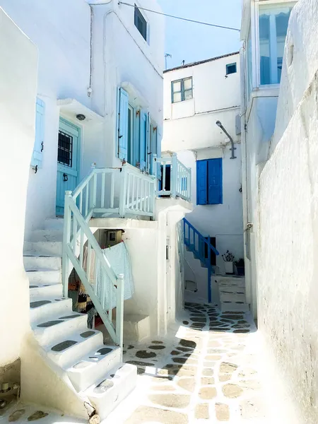 Traditional Greek Architecture Stairs Whitewashed Walls Blue Doors Mykonos Village — Stock Photo, Image