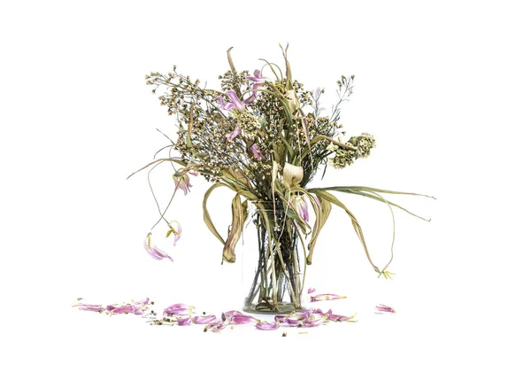 Flétri Bouquet Fleurs Dans Vase Verre Clair Vintage Filtré — Photo