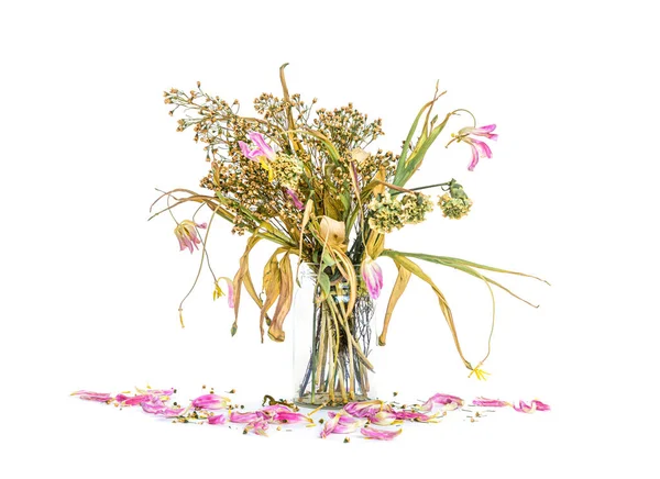 Flétri Bouquet Fleurs Dans Vase Verre Clair Vintage Filtré — Photo