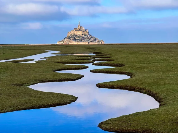 Salt Marsh Mont Saint Michel Landscape Normandy Sunny Cloudy Day — Stock Photo, Image