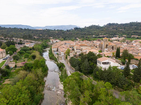 Aerial View Lagrasse Medieval City Aude Occitanie City Built River — Stock Photo, Image