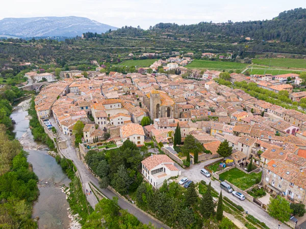 Aerial View Lagrasse Medieval City Aude Occitanie City Built River — Stock Photo, Image