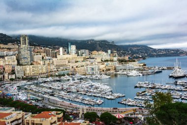Montecarlo 'nun yukarıdan panoramik manzarası, Fransız Rivierası, Fransa