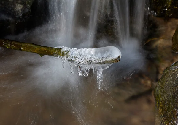 Gałązka w lód przed wodospad — Zdjęcie stockowe
