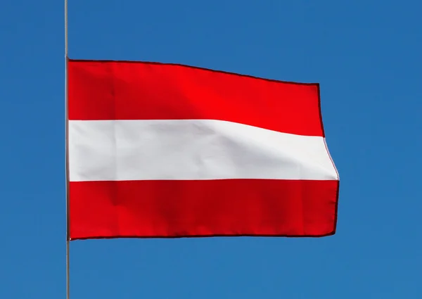 Rakouská vlajka ve větru proti obloze — Stock fotografie