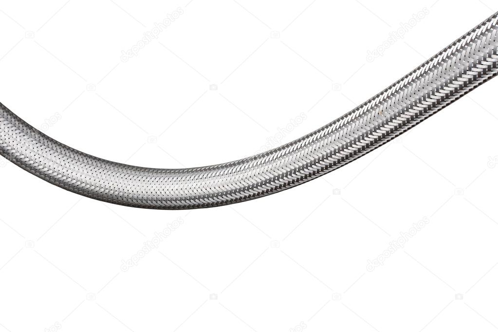 braided metal cable on white background closeup