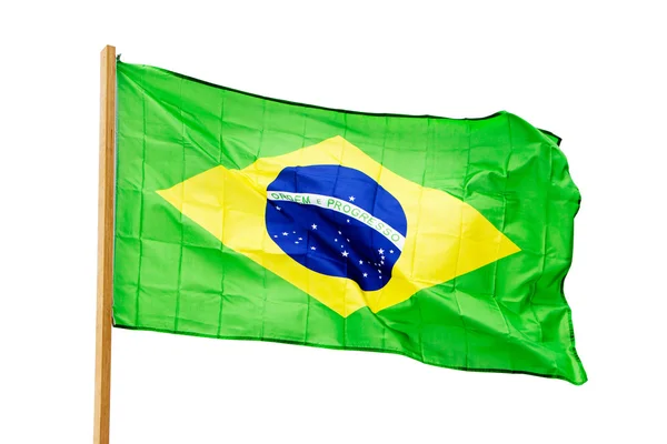 Brasilianische Flagge im Wind isoliert auf weißem Hintergrund — Stockfoto