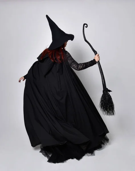 Full Length Portrait Dark Haired Woman Wearing Black Victorian Witch — Stock Photo, Image