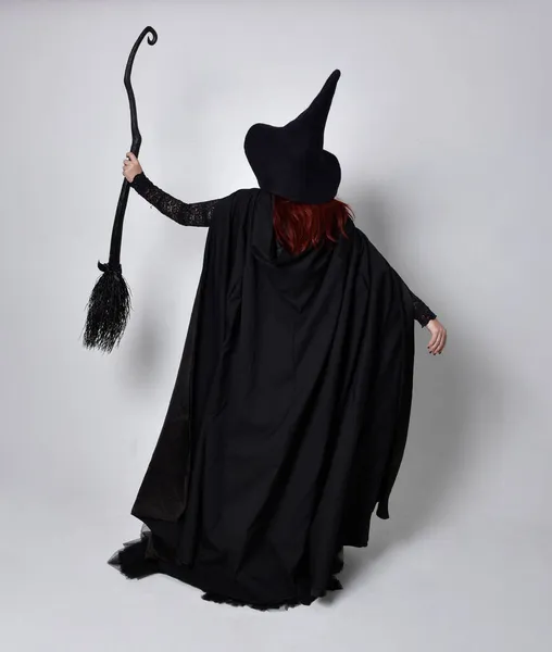 Full Length Portrait Dark Haired Woman Wearing Black Victorian Witch — Stock Photo, Image