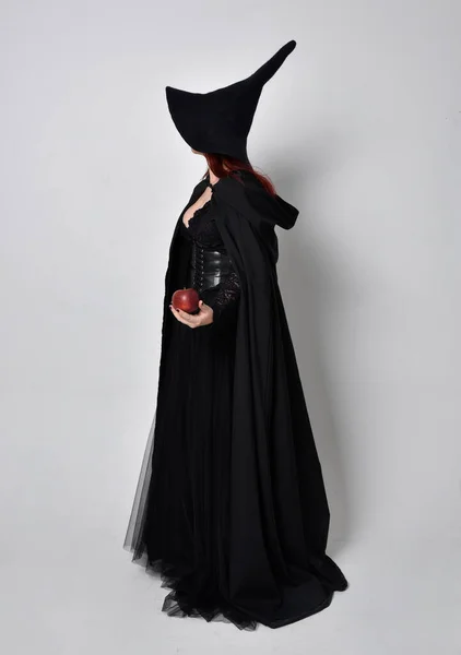 Dlouhý Portrét Tmavovlasé Ženy Černém Viktoriánském Kostýmu Čarodějnice Pláštěm Špičatým — Stock fotografie